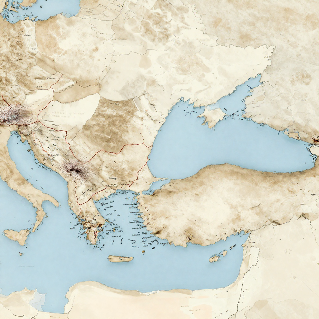 flat color political map, clean cartographic style, muted earth tones, no 3D effects, geographic clarity, professional map illustration, minimal ornamentation, clear typography, restrained color coding, a flat 2D historical map of the Eastern Mediterranean, inked lines cracking and fading into空白 patches between regions, thin threads of red ochre tracing re-emerging trade routes from 800 BCE, faded labels in proto-alphabetic script reappearing along coastlines, soft sepia wash distinguishing surviving cultural zones from collapsed ones, faint annotations in marginalia pointing to oral traditions and refugee movements [Z-Image Turbo]