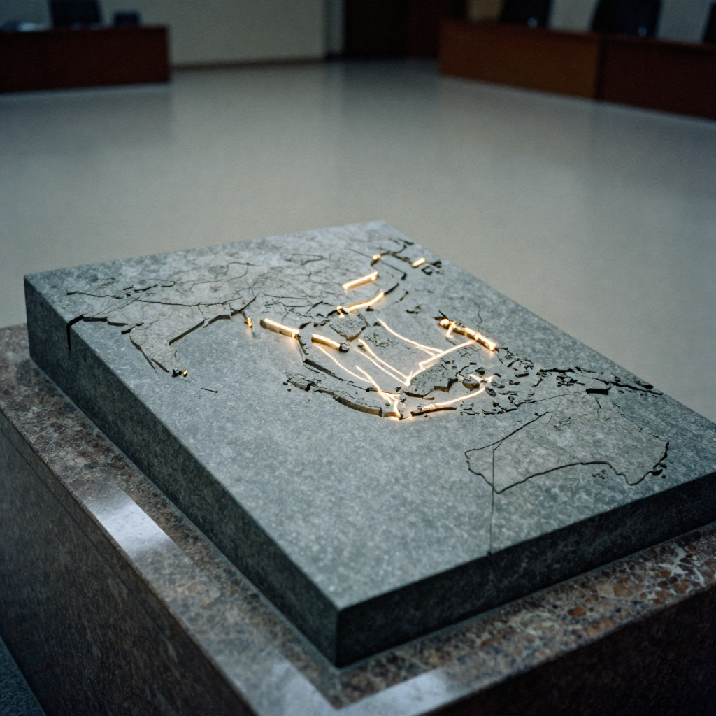 muted documentary photography, diplomatic setting, formal atmosphere, institutional gravitas, desaturated color palette, press photography style, 35mm film grain, natural lighting, professional photojournalism, a stone ledger embedded with glowing fiber-optic lines that pulse faintly like dormant circuits, the grooves forming shifting national boundaries across Southeast Asia, lit from the side by narrow institutional light casting long shadows, the surface cracked where smaller nations are overwritten, resting on a polished obsidian plinth in a vast empty chamber, the atmosphere cold and silent as a sealed treaty [Z-Image Turbo]