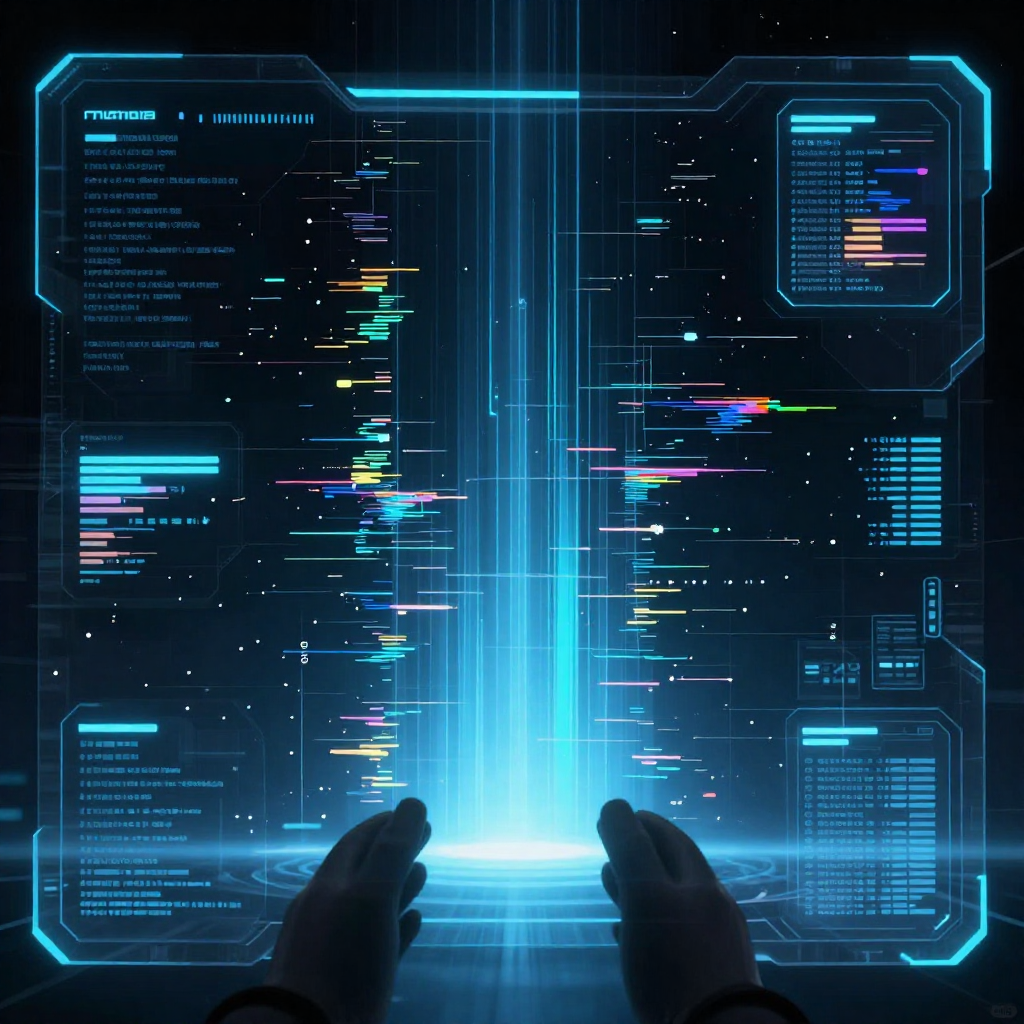 first-person view through futuristic HUD interface filling entire screen, transparent holographic overlays, neon blue UI elements, sci-fi heads-up display, digital glitch artifacts, RGB chromatic aberration, data corruption visual effects, immersive POV interface aesthetic, transparent HUD overlay with sparse data points flickering at the periphery, a high-contrast reconstructed image emerging at the center from minimal inputs, crisp vector lines and luminous gradients forming from near-nothingness, backlit glow from below, digital clarity in a silent, weightless void [Z-Image Turbo]