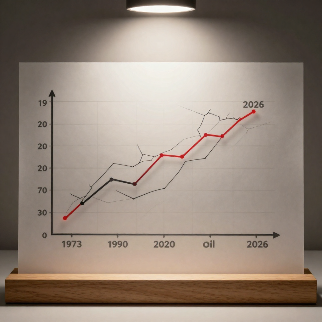 clean data visualization, flat 2D chart, muted academic palette, no 3D effects, evidence-based presentation, professional infographic, minimal decoration, clear axis labels, scholarly aesthetic, a vintage economic trend line chart printed on translucent parchment, mounted on a flat wooden display stand, the ink lines glowing faintly where red peaks mark 1973, 1990, and 2026 oil shocks, fine cracks spreading from those points across the paper, dim ambient light from above casting sharp shadows of the cracks onto a grid-patterned backing board, still and clinical atmosphere [Z-Image Turbo]