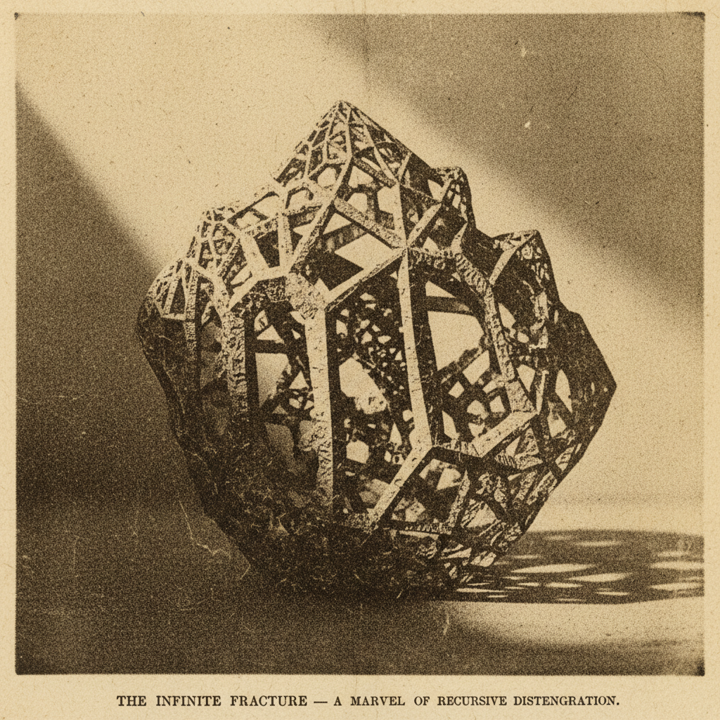 vintage Victorian newspaper photograph, sepia tone, aged paper texture, halftone dot printing, 1890s photojournalism, slight grain, archival quality, authentic period photography, a fractured crystal of infinite recursion, its facets bifurcating into smaller lattices ad infinitum, jagged cleavage planes revealing recursive voids within, lit from the side by a narrow beam casting deep, proliferating shadows, atmosphere of silent cognitive collapse — as if the laws of coherence have ceased to apply [Nano Banana]