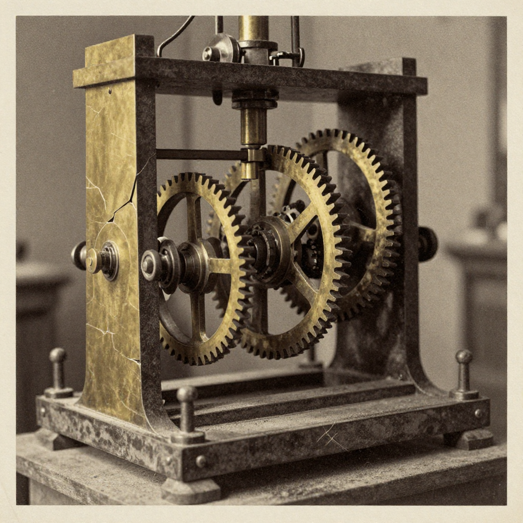 vintage Victorian newspaper photograph, sepia tone, aged paper texture, halftone dot printing, 1890s photojournalism, slight grain, archival quality, authentic period photography, a brass and obsidian lattice press, cracked yet symmetrical, with interlocking gears that split into smaller, recursively arranged sub-gears mid-frame, dramatic side lighting casting deep shadows on its hierarchical mechanisms, atmosphere of quiet revelation in a still, dust-filled archive [Z-Image Turbo]