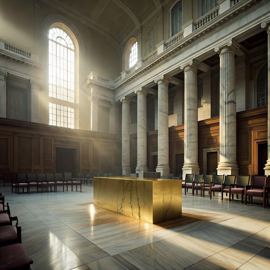 empty formal interior, natural lighting through tall windows, wood paneling, institutional architecture, sense of history and permanence, marble columns, high ceilings, formal furniture, muted palette, a monolithic gold bar fused into the marble floor of an empty legislative chamber, polished yet scarred with faint oxidation trails, sunlight streaming through tall eastern-facing windows, dust suspended in the air, silence and weight pressing through the vast, unoccupied space [Bria Fibo]