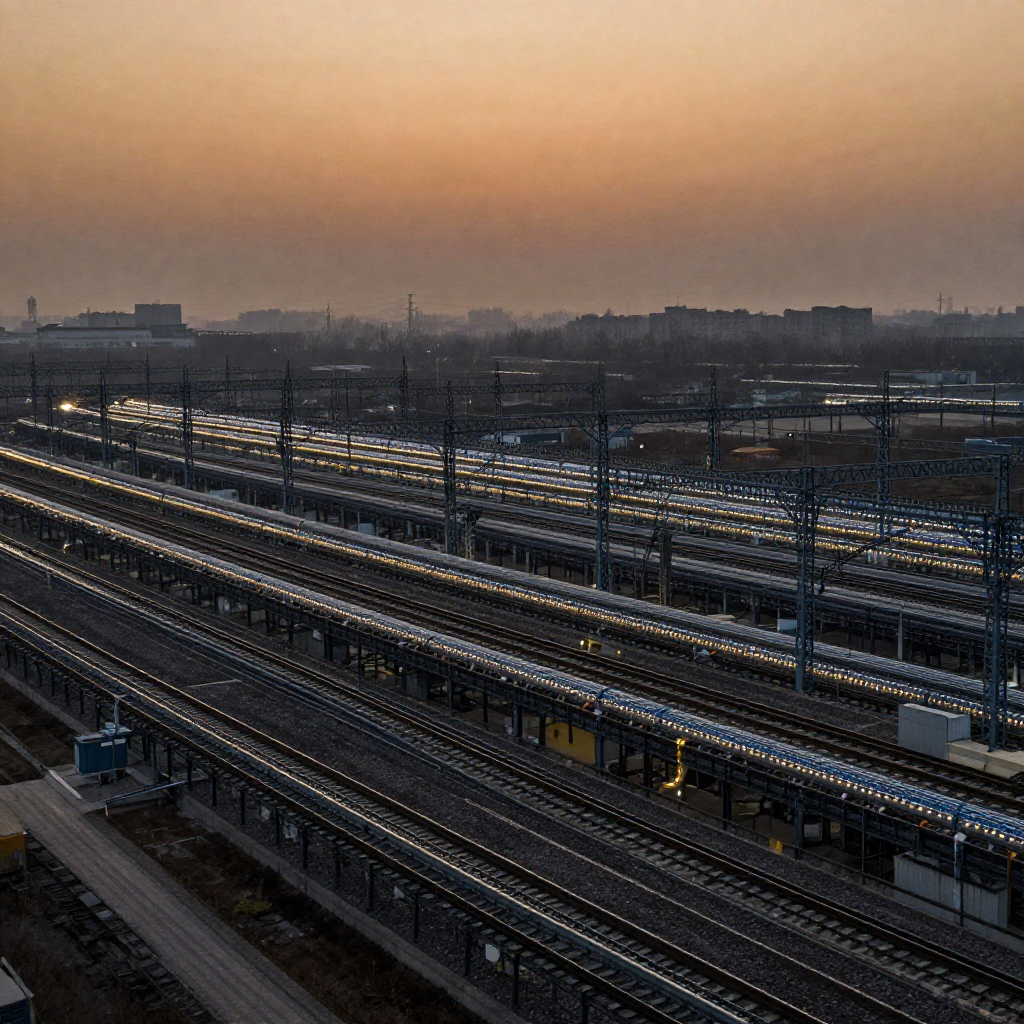 industrial scale photography, clean documentary style, infrastructure photography, muted industrial palette, systematic perspective, elevated vantage point, engineering photography, operational facilities, an elevated spine of interwoven data conduits stretching endlessly across a dimming horizon, forged from polished black steel and embedded fiber-optic channels glowing in synchronized pulses, arranged in rigid geometric repetition like a national rail grid, backlit by the deep amber gradient of dusk, shrouded in a thin layer of industrial haze that blurs the boundary between physical structure and systemic control [Z-Image Turbo]