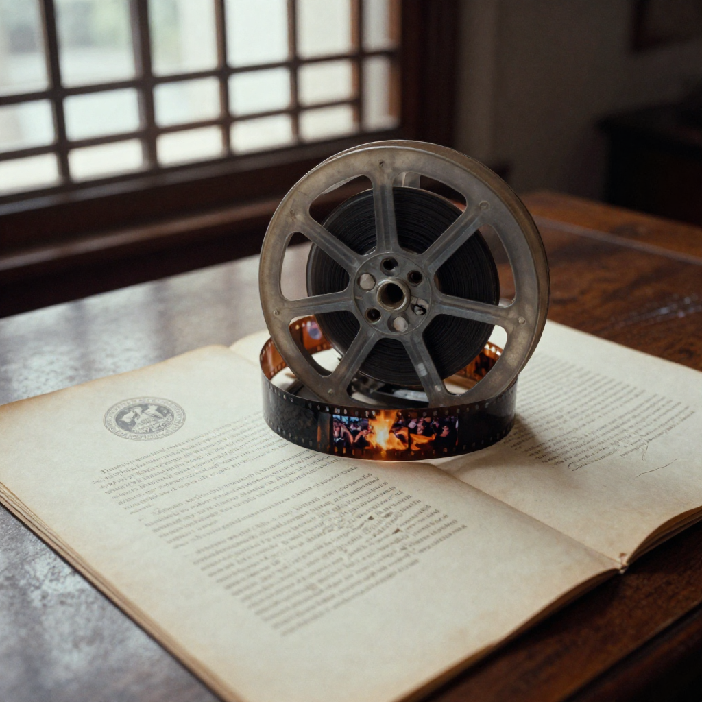 muted documentary photography, diplomatic setting, formal atmosphere, institutional gravitas, desaturated color palette, press photography style, 35mm film grain, natural lighting, professional photojournalism, a weathered parchment treaty spread open on a mahogany desk, its official state seal cracked under pressure, a spooling 16mm film reel fused into the paper’s center, frames visible showing looping images of crowds and flames, faint digital glitches crawling across the celluloid, side-lit by a slatted wooden window casting institutional shadows, atmosphere of quiet subversion in a silent archive [Z-Image Turbo]