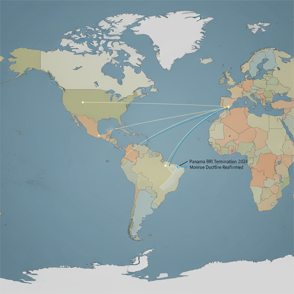 flat color political map, clean cartographic style, muted earth tones, no 3D effects, geographic clarity, professional map illustration, minimal ornamentation, clear typography, restrained color coding, Flat 2D world map with clean political boundaries, centered on the Western Hemisphere, subtle gradient shading to differentiate regions, major trade routes depicted as thin, luminous lines connecting Asia to Africa and Europe, converging toward Central America; one key route from China to Panama abruptly断裂 (broken line with jagged edge), labeled "Panama BRI Termination 2024"; a secondary, bolder line extends from the U.S. to Panama, marked "Monroe Doctrine Reaffirmed"; faint overlay of 1903 canal treaty zone in semi-transparent blue; annotation lines in precise sans-serif type pointing to strategic nodes, soft directional lighting from above, clinical yet tense atmosphere of recalibrated global order [Nano Banana]