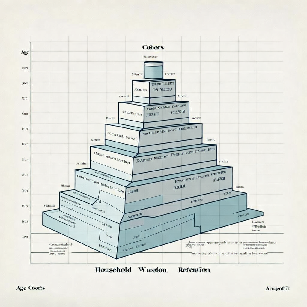 clean data visualization, flat 2D chart, muted academic palette, no 3D effects, evidence-based presentation, professional infographic, minimal decoration, clear axis labels, scholarly aesthetic, a multi-generational household pyramid, rendered in crisp ink lines with pale blue and gray fills, set against a faint grid background with labeled axes showing age cohorts and household wealth retention, front-lit with even illumination, atmosphere of quiet precision and enduring stability [Bria Fibo]