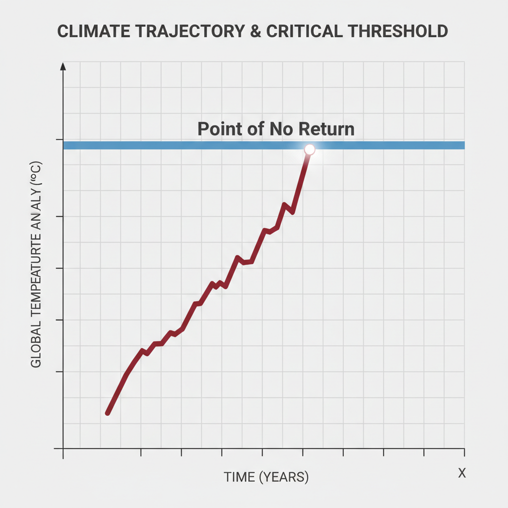 clean data visualization, flat 2D chart, muted academic palette, no 3D effects, evidence-based presentation, professional infographic, minimal decoration, clear axis labels, scholarly aesthetic, Steep red trend line surging upward through a crisply drawn horizontal threshold labeled "Point of No Return" on a two-dimensional grid, fine black axes with minimal tick marks, pale gray graph paper background, clean sans-serif axis labels in dark charcoal, single data point glowing faintly at the line’s tip, overhead flat lighting casting no shadows, atmosphere of clinical inevitability [Nano Banana]