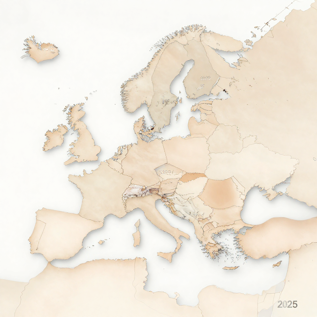 flat color political map, clean cartographic style, muted earth tones, no 3D effects, geographic clarity, professional map illustration, minimal ornamentation, clear typography, restrained color coding, flat 2D political map of Western Europe and North Africa, clean vector lines showing national borders, subtle gradient wash indicating declining birth rates in France from pale blue to white, thin annotated arrows in soft ochre tracing migration routes from former colonies to France, one fainter arrow labeled '1950s' and a thicker, more defined arrow labeled '2025', minimal text, no icons or figures, soft ambient top lighting, quiet and contemplative atmosphere [Z-Image Turbo]