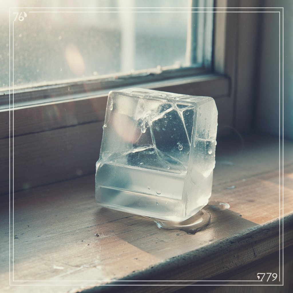 instant Polaroid photograph, vintage 1970s aesthetic, faded colors, white border frame, slightly overexposed, nostalgic lo-fi quality, amateur snapshot, a translucent ice lock, partially melted with water droplets trailing down its fractured surface, sitting slightly off-center on a worn wooden windowsill, soft morning light from the upper left casting faint refractive glints through its cracks, domestic atmosphere with faint sunlight and dust motes in the air [Bria Fibo]