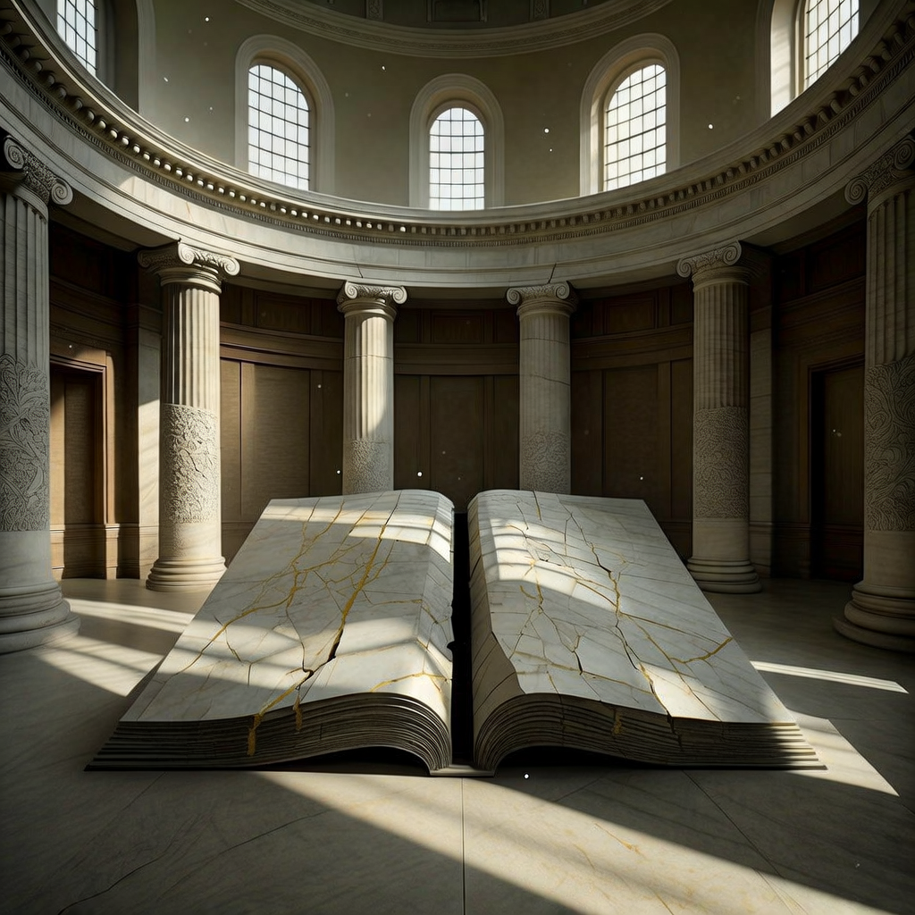 empty formal interior, natural lighting through tall windows, wood paneling, institutional architecture, sense of history and permanence, marble columns, high ceilings, formal furniture, muted palette, A massive open ledger hewn from fractured marble slabs, veins of gold running through its cracks like formalized capital flows, lying centered in an empty central bank rotunda. Sunlight streams diagonally from towering arched windows, casting long shadows of engraved columns across its surface. Dust motes float in the air, and the silence feels deliberate—charged with authority and unspoken decisions. The scale dwarfs the viewer, evoking permanence, weight, and the slow, tectonic formalization of economies. [Bria Fibo]