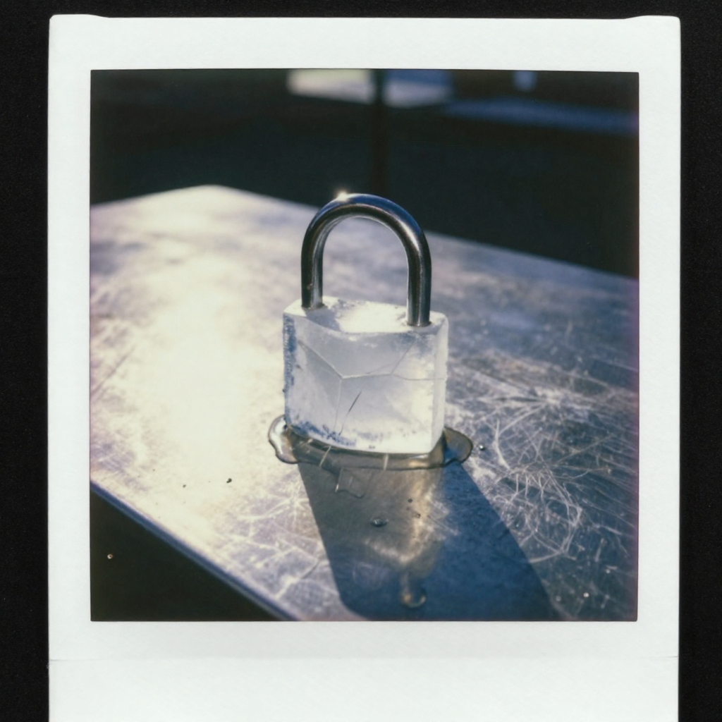 instant Polaroid photograph, vintage 1970s aesthetic, faded colors, white border frame, slightly overexposed, nostalgic lo-fi quality, amateur snapshot, a padlock carved from translucent, cracking ice, sitting on a cold steel table, sunlight streaming from the upper left casting sharp meltwater streaks, the metal beneath beginning to glisten as droplets pool at its base, atmosphere of quiet urgency and inevitable change [Z-Image Turbo]