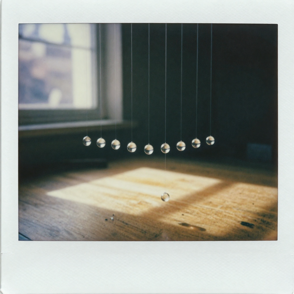instant Polaroid photograph, vintage 1970s aesthetic, faded colors, white border frame, slightly overexposed, nostalgic lo-fi quality, amateur snapshot, a grid of 100 tiny glass beads suspended in midair by nearly invisible threads, each bead perfectly spaced and aligned, hanging just above a wooden table surface, backlit by late afternoon sun streaming through a window, casting sharp shadows and delicate glimmers on the floor, the pattern feeling taut and precise, one misaligned bead missing at the center where it has just fallen, capturing the moment between perfection and collapse [Z-Image Turbo]