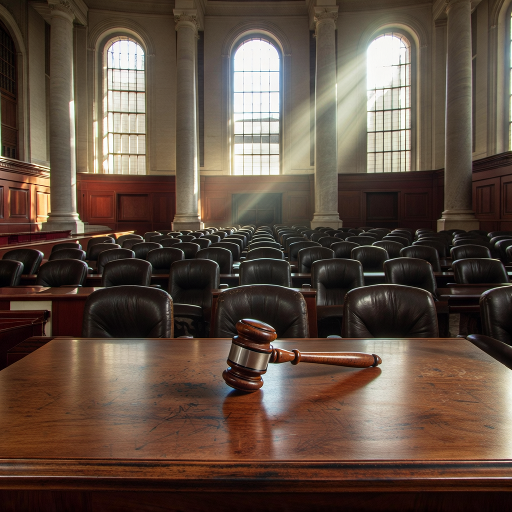 empty formal interior, natural lighting through tall windows, wood paneling, institutional architecture, sense of history and permanence, marble columns, high ceilings, formal furniture, muted palette, an empty gavel made of dark walnut and silver, lying askew on a broad mahogany table scarred with faint burn marks and ink stains, sunlight streaming through tall arched windows behind it, illuminating dust motes above rows of vacant leather-upholstered chairs in a vast, silent state legislative chamber [Bria Fibo]