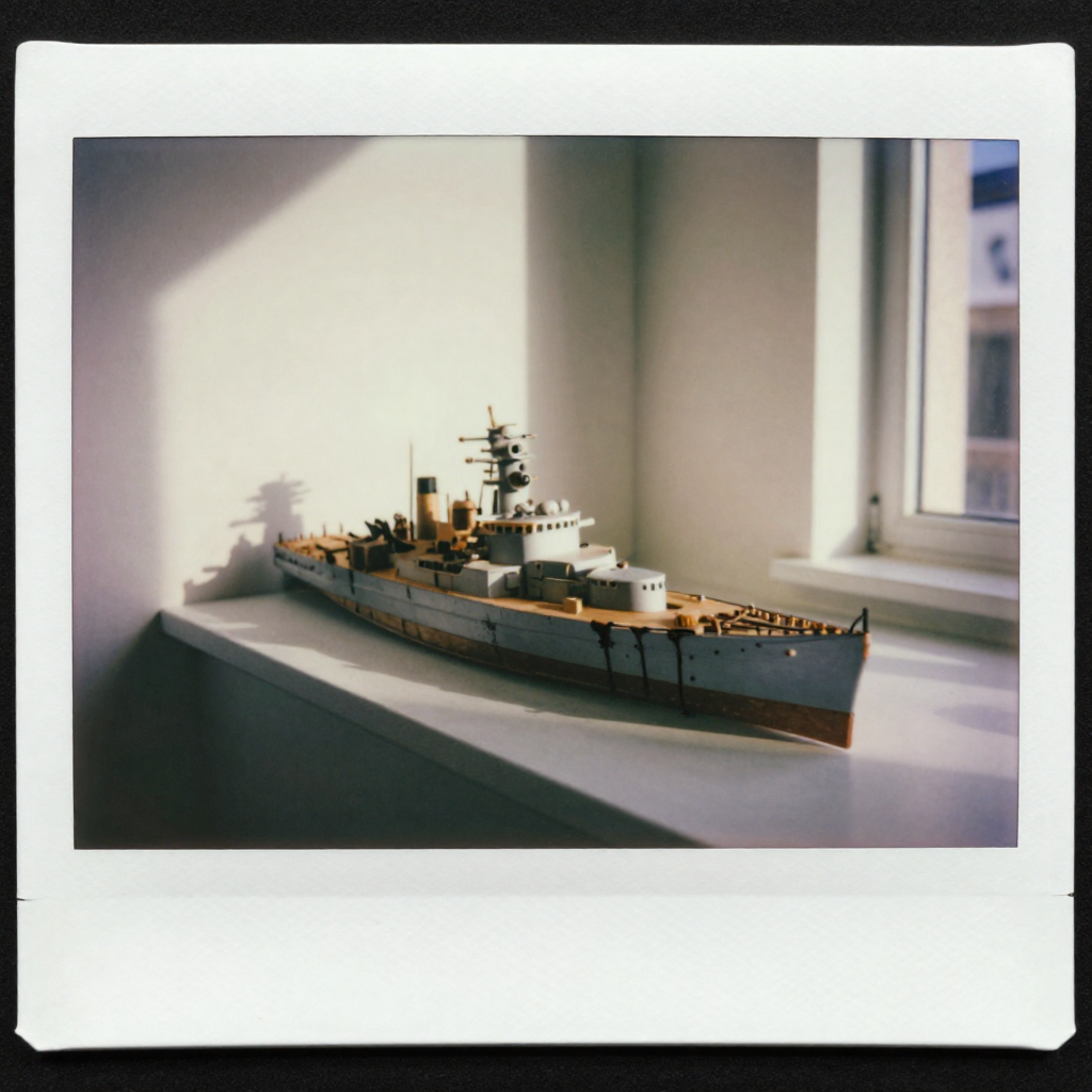 instant Polaroid photograph, vintage 1970s aesthetic, faded colors, white border frame, slightly overexposed, nostalgic lo-fi quality, amateur snapshot, Cracked wooden model of a vintage battlecruiser, its hull split along the keel with slow beads of dark resin oozing out, seated on a sunlit windowsill against a plain white wall, late afternoon light casting a long shadow behind it, dust floating in the air, quiet stillness suggesting inevitable decay [Z-Image Turbo]