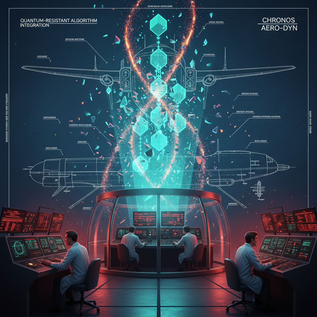 technical blueprint on blue paper, white precise lines, engineering annotations, 1950s aerospace, illuminated holographic blockchain visualization showing cryptographic chains fracturing under quantum attack patterns, emergency lighting casting sharp angular shadows across monitoring stations with multiple displays showing cascading failure alerts, tense atmosphere of imminent system compromise with technicians reacting to incoming threat data [fal-ai/nano-banana]