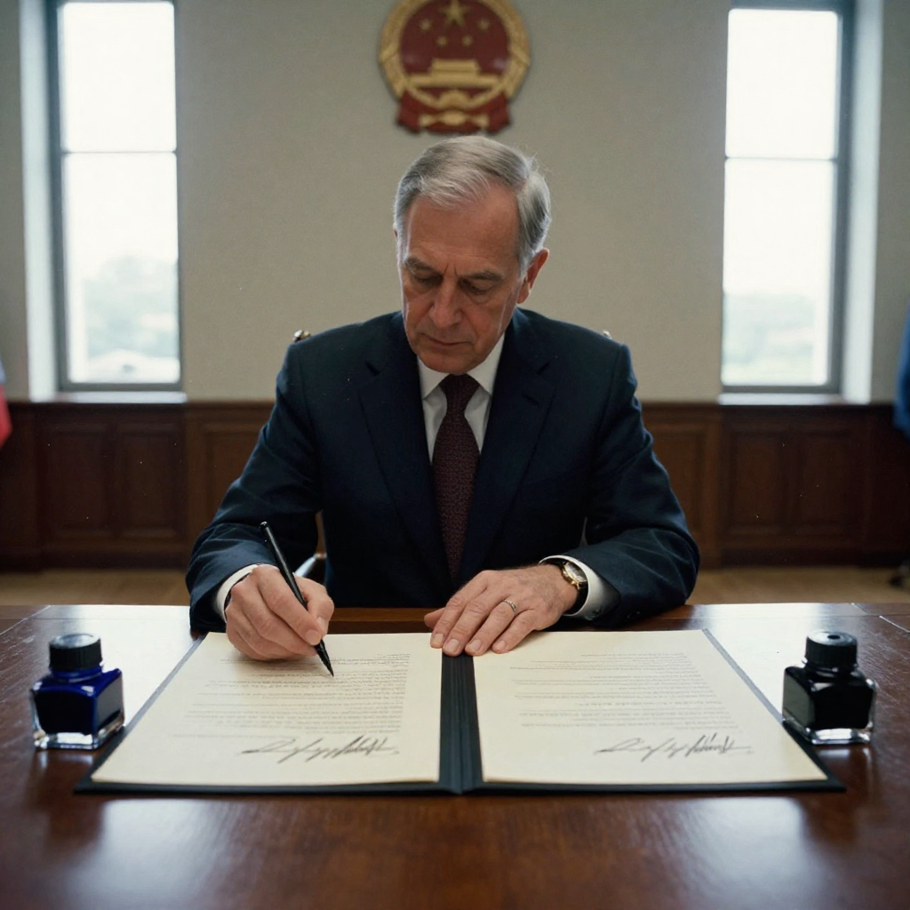 muted documentary photography, diplomatic setting, formal atmosphere, institutional gravitas, desaturated color palette, press photography style, 35mm film grain, natural lighting, professional photojournalism, a partially signed international trade accord on aged parchment, two distinct inkwells—one with fading blue ink, one with fresh black—poised at either end of the signature line, seated on a polished mahogany table beneath a heavy state seal, side-lit by tall, narrow windows in a silent chamber, dust motes suspended in the air, atmosphere of suspended resolution [Z-Image Turbo]