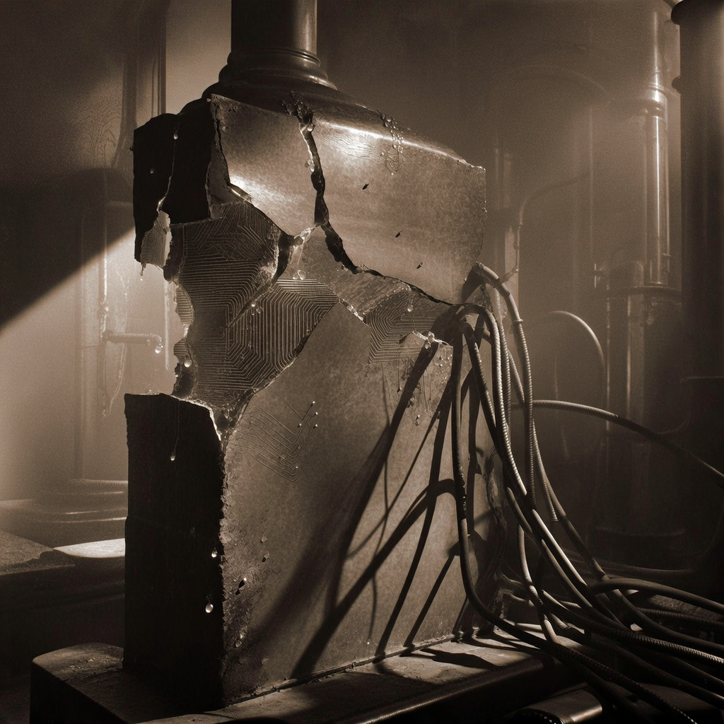 vintage Victorian newspaper photograph, sepia tone, aged paper texture, halftone dot printing, 1890s photojournalism, slight grain, archival quality, authentic period photography, a fractured copper cryostat wall with glowing fissures, ribbed with superconducting niobium traces and weeping droplets of frozen helium, lit from one side by a harsh angular beam that casts long shadows of coaxial cables like fallen wires, in a cold, vapor-hazed chamber humming with latent thermal pressure [Bria Fibo]