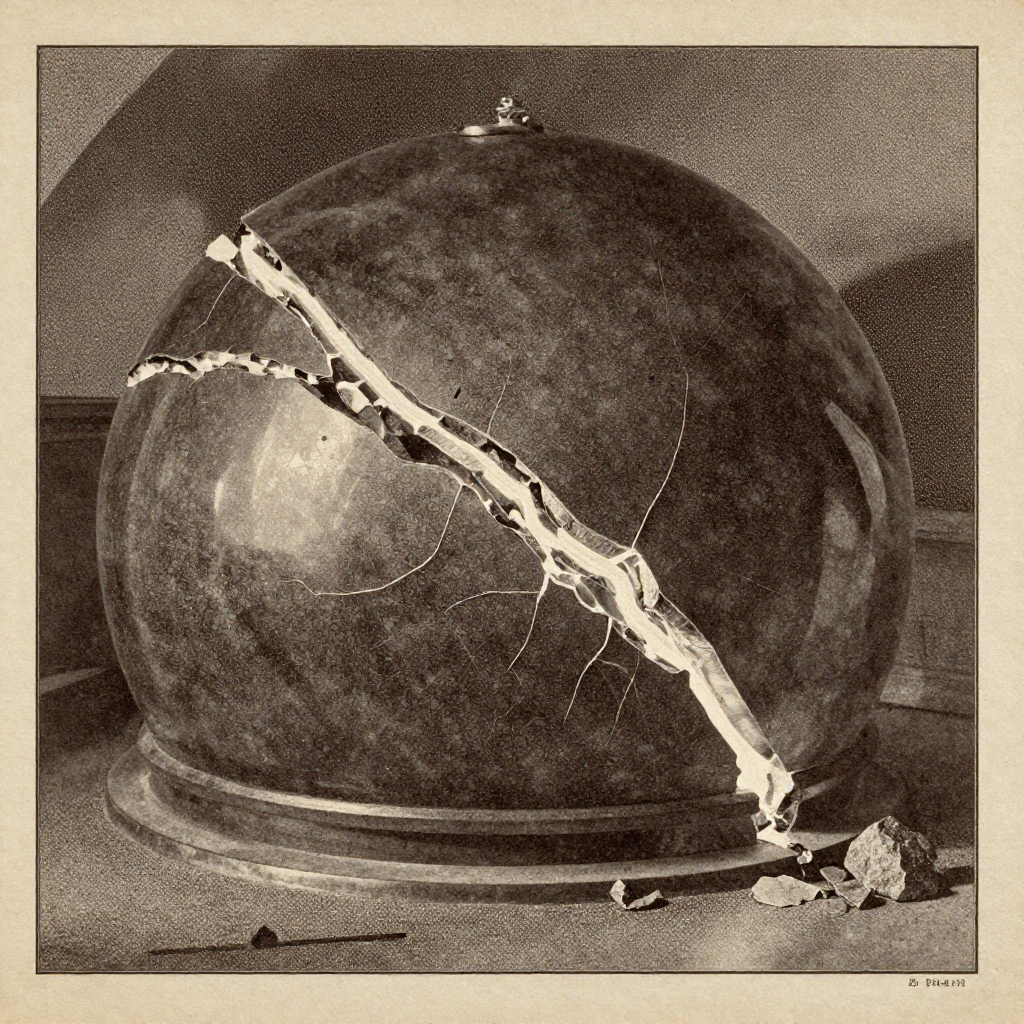 vintage Victorian newspaper photograph, sepia tone, aged paper texture, halftone dot printing, 1890s photojournalism, slight grain, archival quality, authentic period photography, a fractured obsidian vault, polished surface splitting along glowing fault lines revealing quantum-lit fissures beneath, illuminated from the left by a sharp, silver-edged light, atmosphere of silent collapse and inevitable breach [Z-Image Turbo]