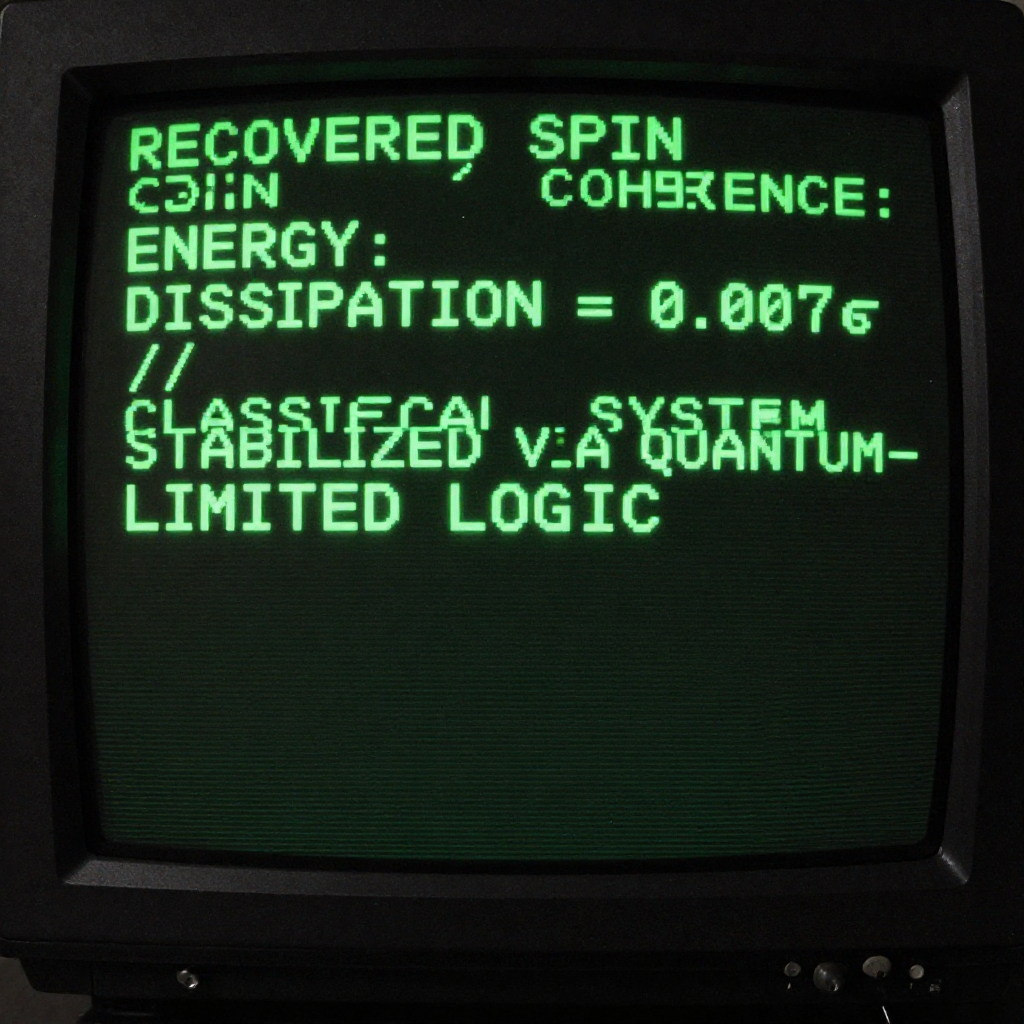 full screen view of monochrome green phosphor CRT terminal display, command line interface filling entire frame, heavy scanlines across black background, authentic 1970s computer terminal readout, VT100 style, green text on black, phosphor glow, screen curvature at edges, "RECOVERED SPIN COHERENCE: ENERGY DISSIPATION = 0.007ε // CLASSICAL SYSTEM STABILIZED VIA QUANTUM-LIMITED LOGIC", glowing green monospace text centered on deep black terminal screen, text slightly blurred as if recently rendered, faint scanline flicker across display, atmosphere of quiet revelation [Z-Image Turbo]