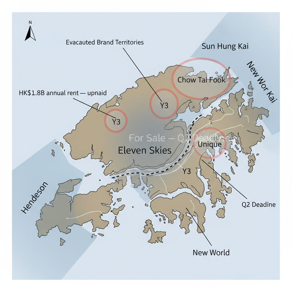 flat color political map, clean cartographic style, muted earth tones, no 3D effects, geographic clarity, professional map illustration, minimal ornamentation, clear typography, restrained color coding, Flat 2D map of Hong Kong International Airport zone, inked boundaries with faint red halos around departing tenant zones, thin annotation lines pointing to evacuated brand territories (Chow Tai Fook, Unique, Y3), one route dashed and labeled "HK$1.8B annual rent — unpaid", central area (Eleven Skies) shaded in fading gray with a subtle watermark of "For Sale — Q2 Deadline", pale blue gradient indicating encroaching rival developer zones (Henderson, Sun Hung Kai, New World), minimal typography, clean linework, north arrow inset, no terrain or elevation. [Nano Banana]