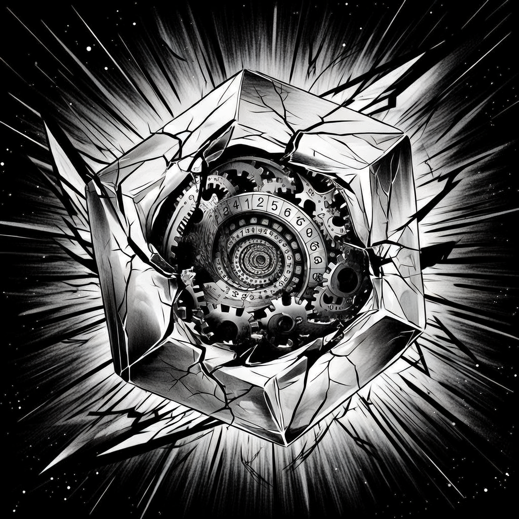 black and white manga panel, dramatic speed lines, Akira aesthetic, bold ink work, A translucent crystalline die, cracked along its edges, peeling open like a mechanical flower to reveal a nested sequence of perfectly aligned gears and numbered panels that spiral into infinite predictability, speed lines radiating outward, harsh frontal light casting sharp shadows, suspended in a void of absolute blackness, atmosphere of silent inevitability. [Bria Fibo]
