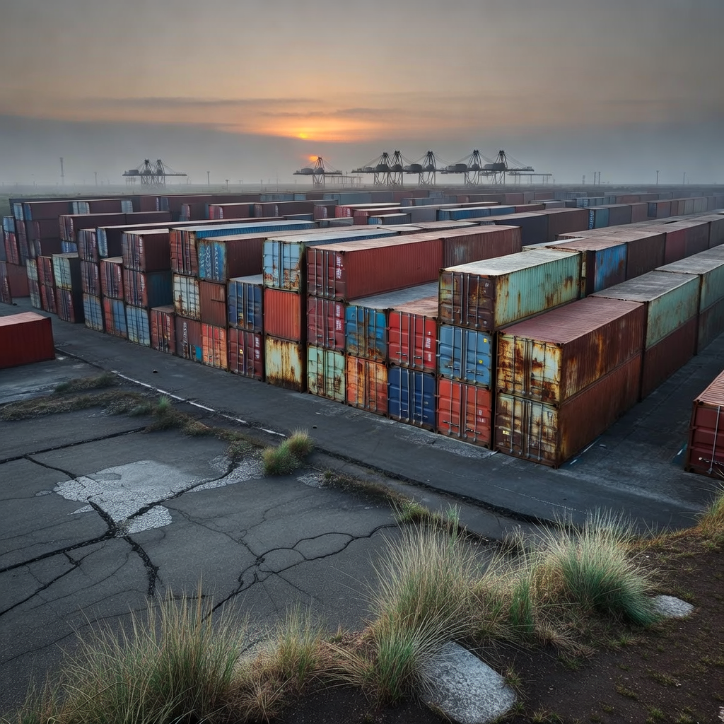industrial scale photography, clean documentary style, infrastructure photography, muted industrial palette, systematic perspective, elevated vantage point, engineering photography, operational facilities, an abandoned container port stretching to the horizon, rows of rusting steel shipping containers stacked in perfect geometric order under a pallid dusk sky, their faded markings illegible, cracked asphalt splitting beneath creeping saltgrass, backlit by the dim orange glow of a sun sinking behind distant, darkened cranes, the air thick with coastal fog and stillness [Bria Fibo]