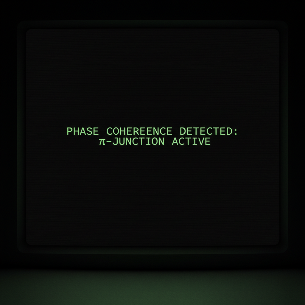 full screen view of monochrome green phosphor CRT terminal display, command line interface filling entire frame, heavy scanlines across black background, authentic 1970s computer terminal readout, VT100 style, green text on black, phosphor glow, screen curvature at edges, "PHASE COHERENCE DETECTED: π-JUNCTION ACTIVE", glowing green monospace text on deep black terminal screen, characters appearing one by one with faint persistence trail, dim ambient glow from below, atmosphere of silent revelation in an empty control room [Nano Banana]