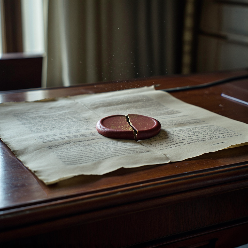 muted documentary photography, diplomatic setting, formal atmosphere, institutional gravitas, desaturated color palette, press photography style, 35mm film grain, natural lighting, professional photojournalism, Aged parchment treaty spread across a mahogany diplomatic desk, its once-intact red wax seal split down the center with a hairline fracture extending to the edges, fine golden filaments within the wax catching low side light from a north-facing window, dust motes suspended in the still air above, the atmosphere heavy with silence and unspoken consequence [Bria Fibo]