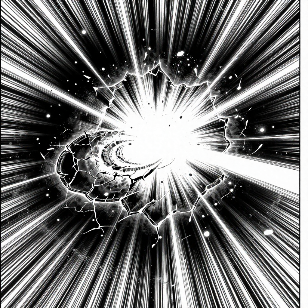 black and white manga panel, dramatic speed lines, Akira aesthetic, bold ink work, A vast, cracked imprint of a gravitational wave frozen in dark vacuum glass, its spiral fractures glowing faintly with residual quantum decay, speed lines of shattered light radiating from its center like frozen shrapnel, backlit by an abyssal void; cold, directional light from beyond the frame casts long, sharp shadows across the cosmic scar, the silence of deep space pressing in from all sides [Z-Image Turbo]