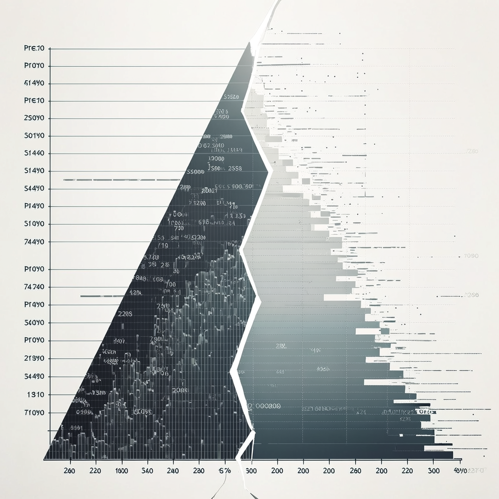 clean data visualization, flat 2D chart, muted academic palette, no 3D effects, evidence-based presentation, professional infographic, minimal decoration, clear axis labels, scholarly aesthetic, a large, vertical demographic pyramid split by a jagged fissure running from base to peak, the left side rendered in dense, solid ink with precise axis labels and gridlines, the right side fading into sparse, broken lines with missing data points, lit evenly from above with clinical fluorescent light, atmosphere of silent omission and structural imbalance [Bria Fibo]