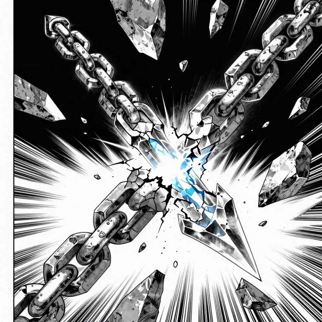 black and white manga panel, dramatic speed lines, Akira aesthetic, bold ink work, a crystalline quantum spear piercing a massive stone blockchain chain, the spear glowing with internal coherence light while the chain fractures along sharp, cascading cracks, speed lines exploding outward from the impact point, jagged shards suspended in motion, cold blue luminescence from within the spear contrasting with the dull gray of crumbling stone, stark black void background amplifying the violence of transformation [Z-Image Turbo]