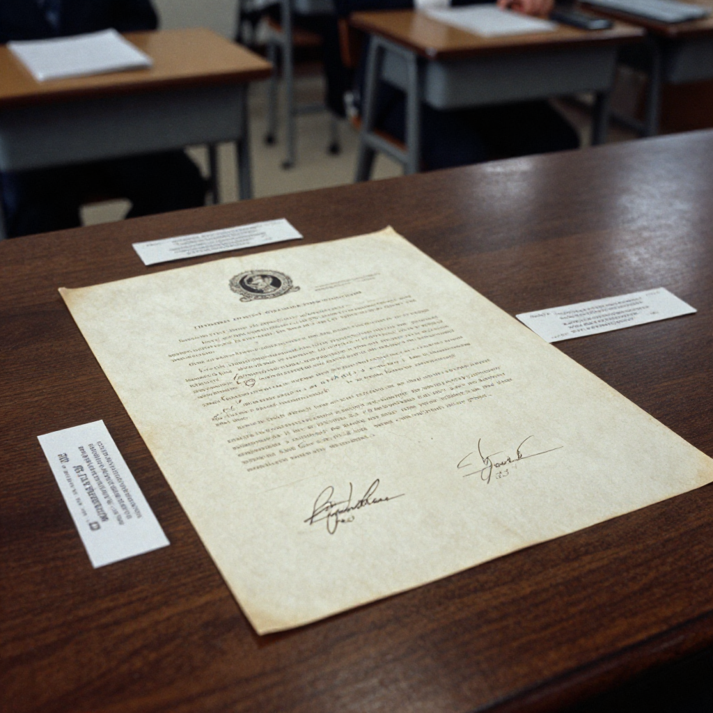 muted documentary photography, diplomatic setting, formal atmosphere, institutional gravitas, desaturated color palette, press photography style, 35mm film grain, natural lighting, professional photojournalism, a weathered treaty document, parchment textured with fine cracks and faded ink signatures, resting on a dark walnut table under low side lighting, atmosphere of hushed solemnity with faint impressions of empty school desks and idle subway tickets pressed into the margins like archival evidence [Z-Image Turbo]