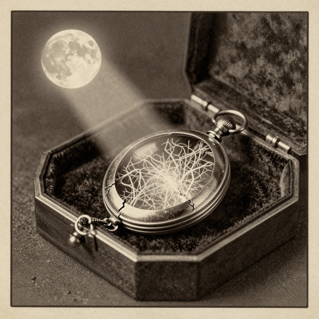vintage Victorian newspaper photograph, sepia tone, aged paper texture, halftone dot printing, 1890s photojournalism, slight grain, archival quality, authentic period photography, a cracked silver heirloom locket resting on a velvet-lined cryptex tray, its inner filaments glowing with unstable quantum light, illuminated by a single shaft of moonlight from the left, atmosphere of hushed revelation and concealed danger [Z-Image Turbo]