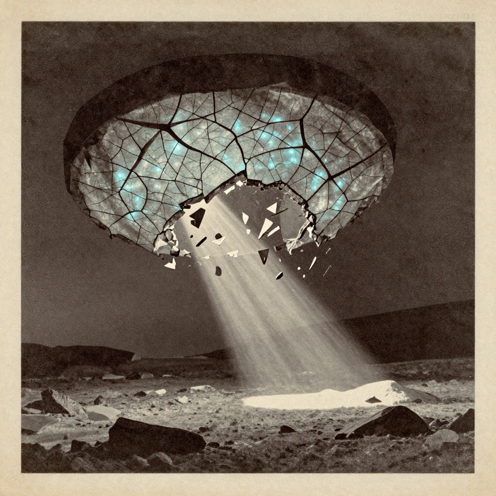 vintage Victorian newspaper photograph, sepia tone, aged paper texture, halftone dot printing, 1890s photojournalism, slight grain, archival quality, authentic period photography, a fractured obsidian vault, its surface webbed with hairline cracks glowing faintly with decaying blue LED light, jagged shards suspended mid-collapse as if time is freezing the moment of breach, illuminated by a single shaft of cold side light from below, atmosphere of silent tectonic strain beneath a frozen Icelandic plain [Z-Image Turbo]