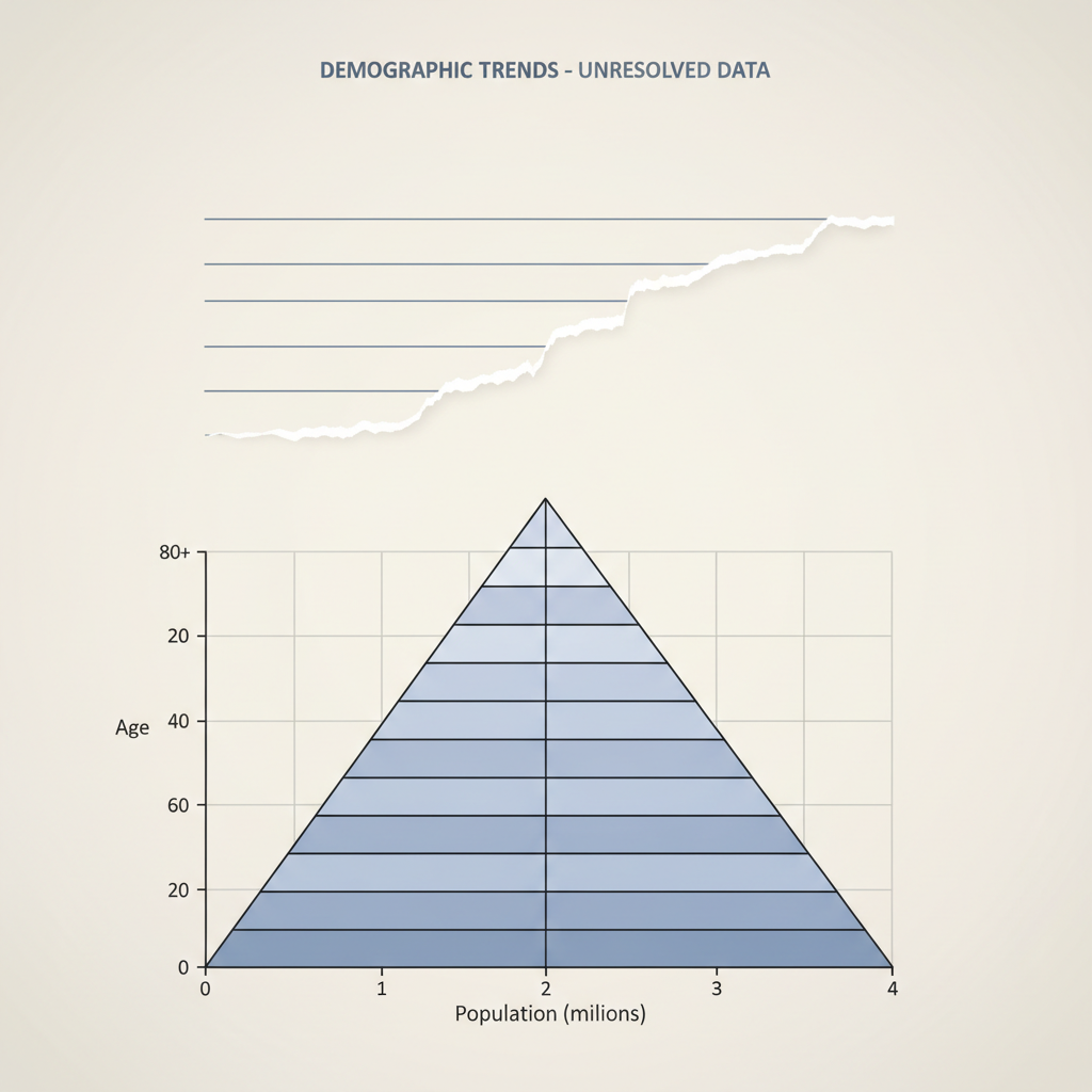 clean data visualization, flat 2D chart, muted academic palette, no 3D effects, evidence-based presentation, professional infographic, minimal decoration, clear axis labels, scholarly aesthetic, A large, partially eroded line chart mounted on a flat analytical board, its lower half showing a precise demographic pyramid with clean black lines and pale blue fill, axis labeled "Age" and "Population (millions)", grid lines evenly spaced in light gray; the upper half dissolves into blank space, edges of the lines frayed like torn paper, as if data has been ripped away; flat overhead lighting, slightly dimmed at the top, casting no shadows; atmosphere of clinical emptiness, emphasizing absence and unresolved analysis [Nano Banana]