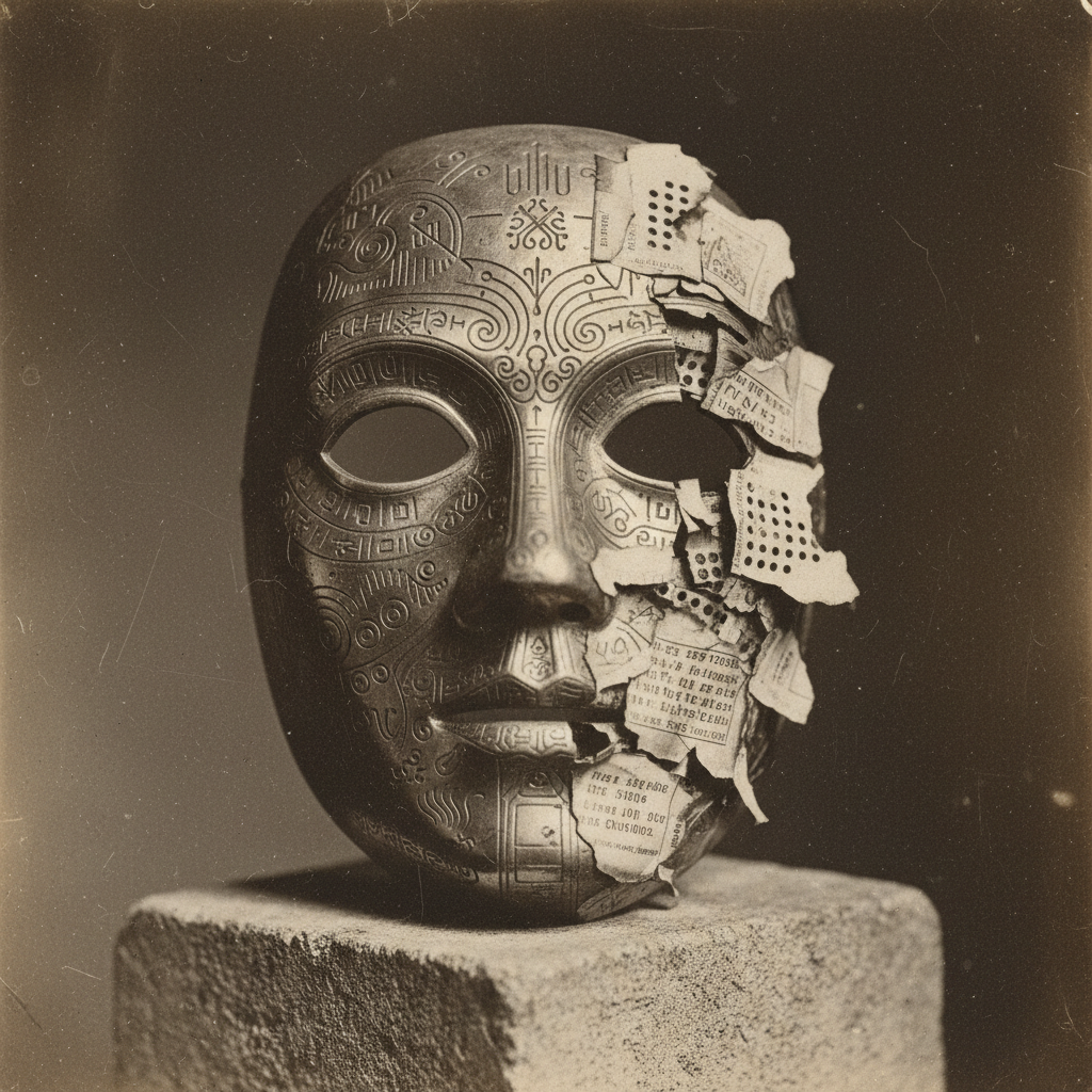 vintage Victorian newspaper photograph, sepia tone, aged paper texture, halftone dot printing, 1890s photojournalism, slight grain, archival quality, authentic period photography, A tarnished brass oracle mask, its surface engraved with swirling cryptographic hashes and binary inscriptions, rests on a simple stone plinth. One side gleams with cold, polished precision under sharp side lighting from the left, casting deep, calculating shadows across its angular features. The right side fractures into crumbling segments, revealing charred paper scraps stamped with manipulated data beneath the metal—fragments of old phrenology charts, punch cards, and voter tallies. Dust hangs in the air, illuminated by the low, raking light, evoking the weight of history and the slow collapse of blind faith in machinery. [Nano Banana]