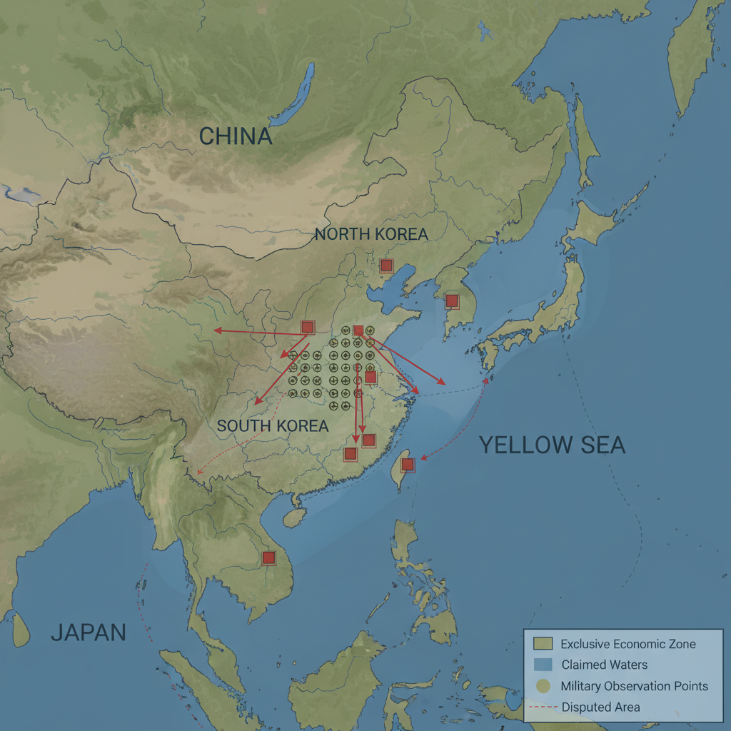 flat color political map, clean cartographic style, muted earth tones, no 3D effects, geographic clarity, professional map illustration, minimal ornamentation, clear typography, restrained color coding, flat 2D political map of the Yellow Sea, clean vector lines delineating Exclusive Economic Zones, subtle blue gradients differentiating Chinese and South Korean claimed waters, a grid of small aquaculture farm icons forming a semi-continuous line approaching the disputed boundary, red annotation arrows pointing from structures to military observation points, faint dashed lines mirroring South China Sea island-building patterns, overhead perspective with no terrain or elevation, muted color palette with strategic red highlights for tension zones [Nano Banana]