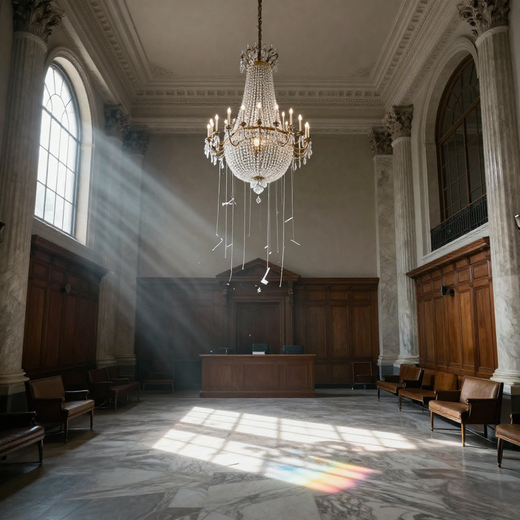 empty formal interior, natural lighting through tall windows, wood paneling, institutional architecture, sense of history and permanence, marble columns, high ceilings, formal furniture, muted palette, a massive crystal chandelier suspended in a vast, empty legislative committee room, its lower prisms fractured and dangling by thin metal filaments, sunlight streaming through tall arched windows casting sharp refracted rainbows across marble floors, dust motes floating in beams of light, the air thick with silent tension, the silence pressing like an imminent blackout [Z-Image Turbo]