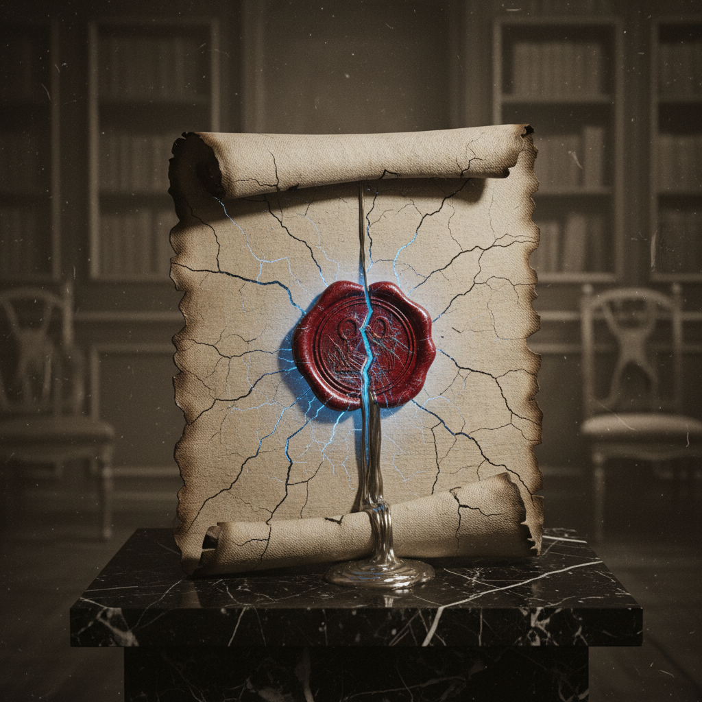 vintage Victorian newspaper photograph, sepia tone, aged paper texture, halftone dot printing, 1890s photojournalism, slight grain, archival quality, authentic period photography, An ancient parchment, its edges charred and curling like burnt lace, lies half-unfurled on a black marble plinth. The surface is riddled with fine fractures, through which a cold blue light pulses rhythmically, as if something alive strains beneath. At its center, a massive triple-lock wax seal — crimson, threaded with iridescent filaments resembling spider-silk — is split down the middle, oozing a viscous, mercury-like substance that hardens upon contact with air. Dramatic side lighting from the left casts deep, trembling shadows across the cracks, illuminating suspended particles of ash in the still room. The atmosphere is hushed and funereal, as though the air itself fears to disturb the document’s fragile integrity. [Nano Banana]