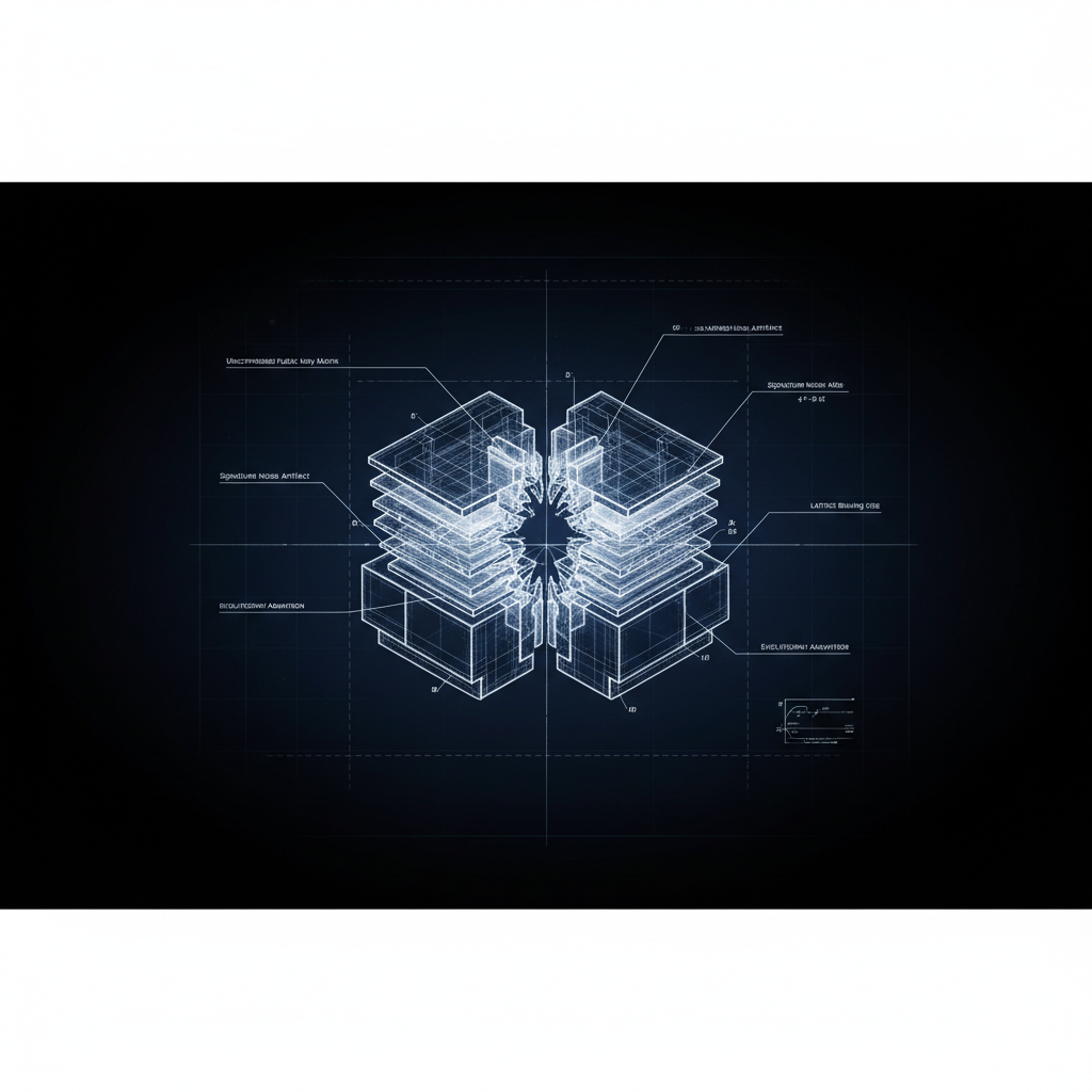 technical blueprint on blue paper, white precise lines, engineering annotations, 1950s aerospace, a fractured cryptographic key core, composed of layered crystalline lattices and exposed mathematical joints, split in precise cutaway revealing labeled internal strata: 'Uncompressed Public Key Matrix', 'Signature Noise Artifact', 'Lattice Binding Site', with fine annotation lines pointing to structural weaknesses and evolutionary adaptations, lit from below by cold axial light, floating in infinite negative space [Nano Banana]