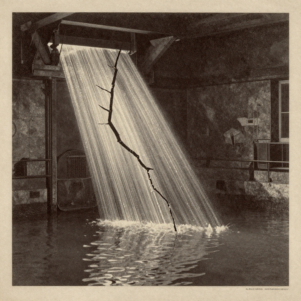 vintage Victorian newspaper photograph, sepia tone, aged paper texture, halftone dot printing, 1890s photojournalism, slight grain, archival quality, authentic period photography, a cracked obsidian vault embedded with shimmering, frozen light strands, half-submerged in cooled reactor water, illuminated by a single shaft of angled light from the side, casting long fractures across its surface, atmosphere of silent impending collapse [Z-Image Turbo]