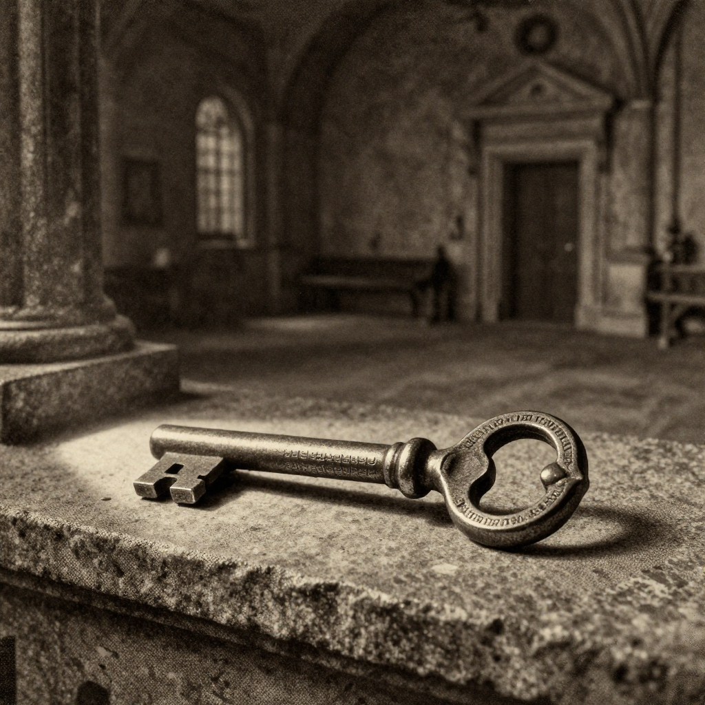 vintage Victorian newspaper photograph, sepia tone, aged paper texture, halftone dot printing, 1890s photojournalism, slight grain, archival quality, authentic period photography, a precision-forged steel key, cold-forged metal with micro-etched cryptographic patterns glowing faintly at the grooves, lit from the left by a narrow blade of harsh industrial light, resting on a bare stone plinth in a vast dark chamber—silence pressing in, the air thick with static, as if the weight of billions in transactions hinges on its unbroken form [Z-Image Turbo]