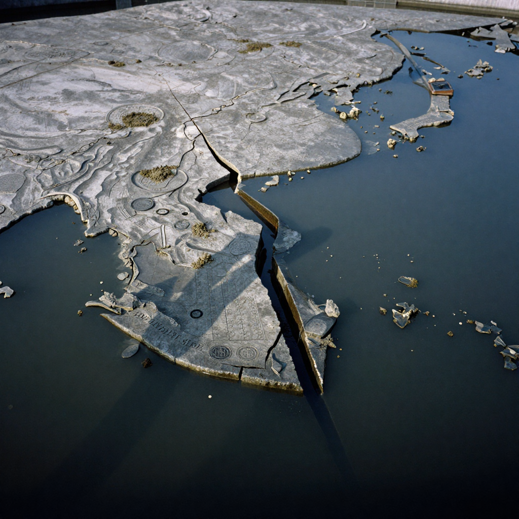 muted documentary photography, diplomatic setting, formal atmosphere, institutional gravitas, desaturated color palette, press photography style, 35mm film grain, natural lighting, professional photojournalism, a massive, weathered stone map of the South China Sea half-submerged in calm, dark water, its surface carved with ancient maritime boundaries and dotted with official seals now covered in silt; a fresh, laser-straight fissure runs through Scarborough Shoal, oozing a viscous, ink-like fluid that spreads into the surrounding water; dim side light casts long shadows across the fracture, highlighting the contrast between eroded edges and unnaturally precise tool marks; atmosphere of silent, irreversible breach beneath a surface of bureaucratic stillness [Z-Image Turbo]