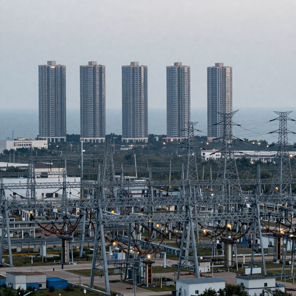 industrial scale photography, clean documentary style, infrastructure photography, muted industrial palette, systematic perspective, elevated vantage point, engineering photography, operational facilities, a vast power transmission grid stretching toward a skyline of half-occupied luxury towers on the coast, steel pylons repeating into haze, one tower flickering with failing lights, copper conductors glinting under cold dusk light, atmosphere of quiet unraveling [Z-Image Turbo]