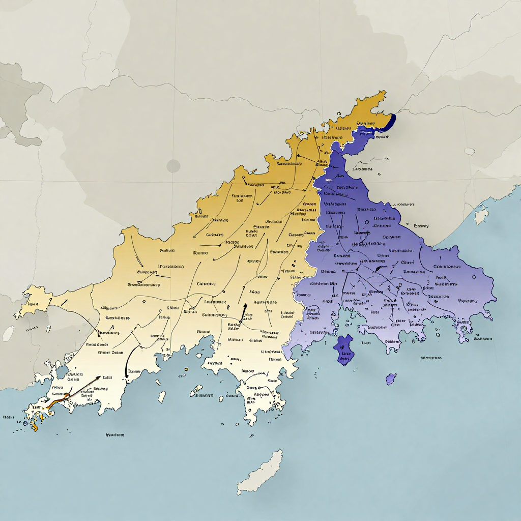 flat color political map, clean cartographic style, muted earth tones, no 3D effects, geographic clarity, professional map illustration, minimal ornamentation, clear typography, restrained color coding, flat 2D economic map of Hong Kong Island with clean vector outlines, two opposing gradient flows: a rising gold-amber current concentrating in Central and Admiralty districts symbolizing office market stabilization, contrasted against a fading indigo stream receding from retail corridors like Causeway Bay and Tsim Sha Tsui, subtle annotation lines marking zones of investment interest and structural distress, directional arrows indicating capital and consumer movement, soft matte color differentiation with no borders or textures, overhead lighting casting even illumination, atmosphere of quiet economic stratification [Z-Image Turbo]