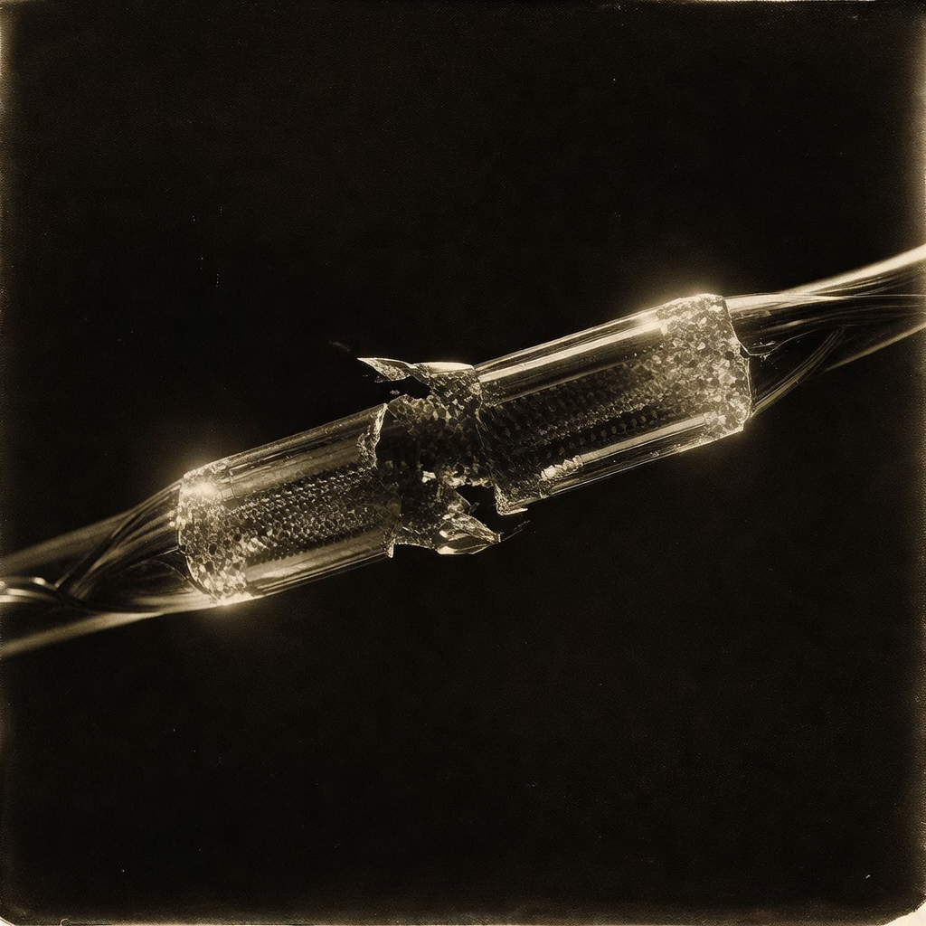 vintage Victorian newspaper photograph, sepia tone, aged paper texture, halftone dot printing, 1890s photojournalism, slight grain, archival quality, authentic period photography, a fractured crystalline quantum wire suspended in dark space, cleaved along its axis with faint golden light pulsing at its two exposed endpoints, polished surface cracked but intact, dramatic side lighting casting long shadows from microscopic imperfections, atmosphere of silent quantum stability in a vacuum [Bria Fibo]