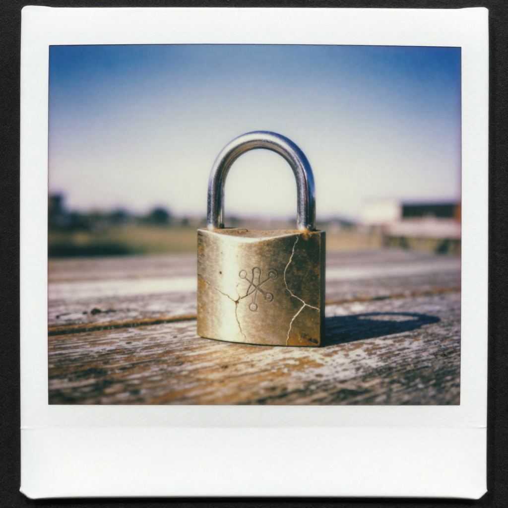 instant Polaroid photograph, vintage 1970s aesthetic, faded colors, white border frame, slightly overexposed, nostalgic lo-fi quality, amateur snapshot, a cracked padlock with faint quantum symbol etchings, worn steel with hairline fractures and oxidized seams, sunlight from upper left casting soft shadows, sitting alone on a weathered wooden table under a quiet sky [Z-Image Turbo]