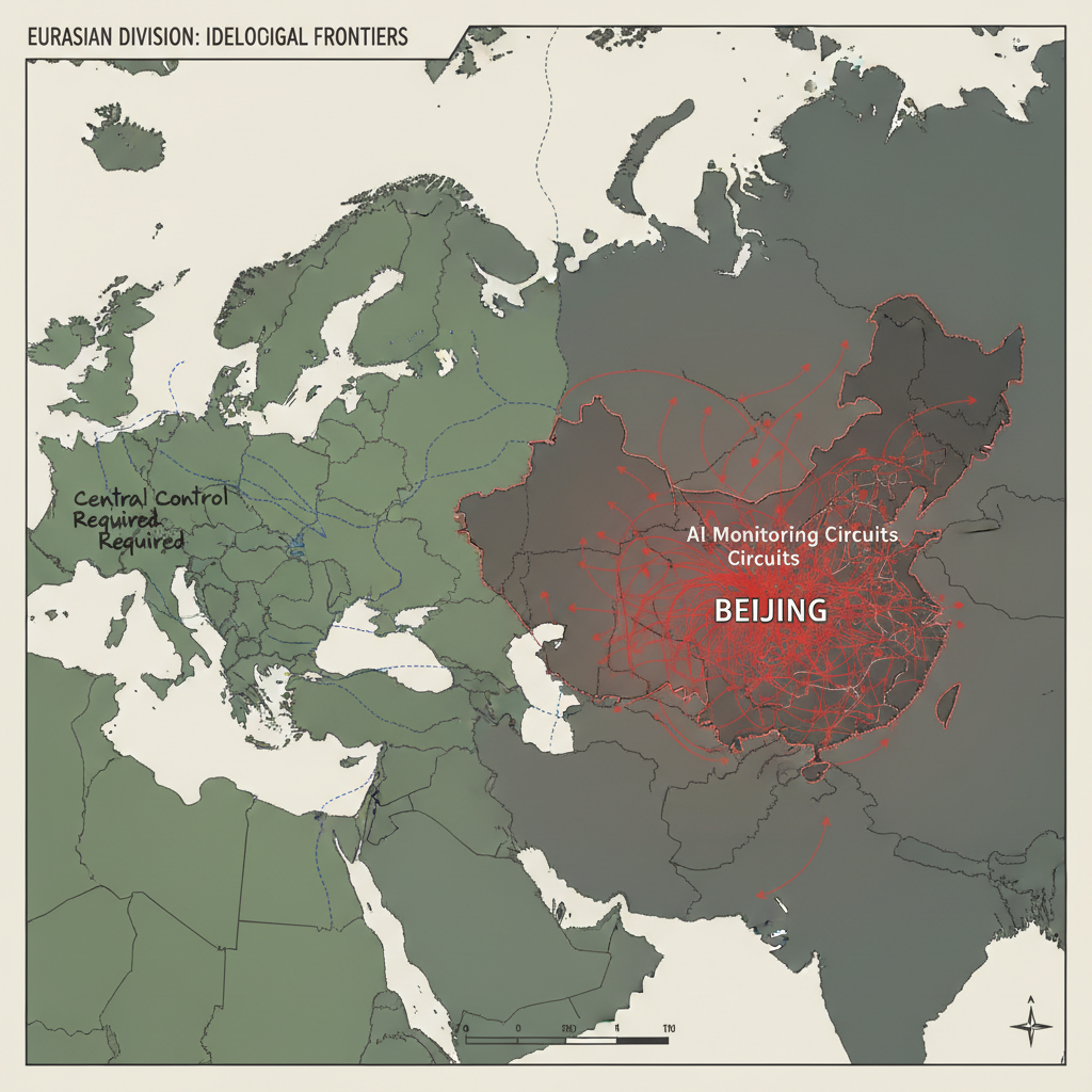 flat color political map, clean cartographic style, muted earth tones, no 3D effects, geographic clarity, professional map illustration, minimal ornamentation, clear typography, restrained color coding, flat 2D political map of Eurasia divided along ideological lines, left side showing faint dashed lines of proposed OGAS network routes across Soviet republics with hand-drawn annotations reading 'Central Control Required', right side showing dense web of labeled AI monitoring circuits across China with red arrows pointing inward toward Beijing, subtle gradient differentiating surveillance intensity by region, overhead lighting casting sharp, even shadows on inked lines, atmosphere of bureaucratic precision and suppressed potential [Nano Banana]