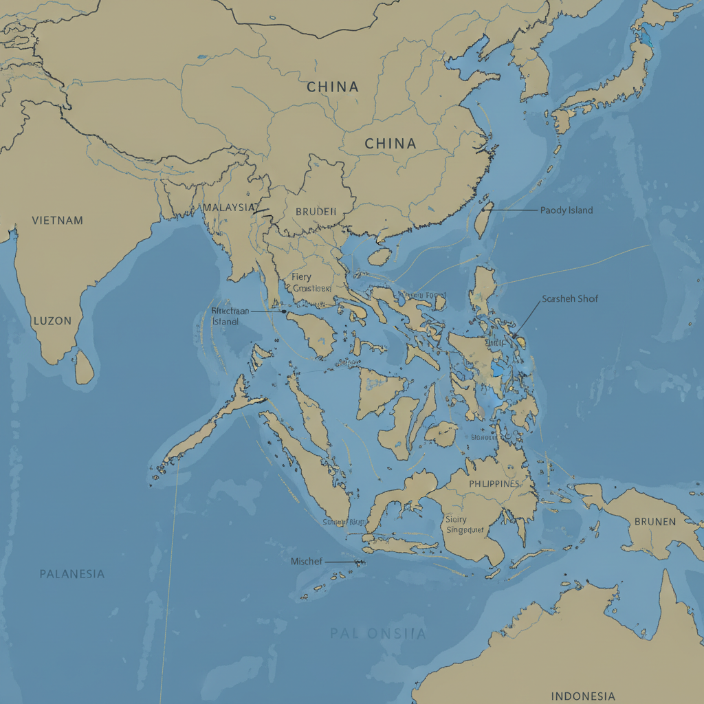 flat color political map, clean cartographic style, muted earth tones, no 3D effects, geographic clarity, professional map illustration, minimal ornamentation, clear typography, restrained color coding, Flat 2D political map of the South China Sea region, inked boundaries with slight fractures along contested zones, major shipping lanes marked in fading gold lines, subtle red gradient spreading from Philippine bases indicating military escalation, soft blue zones denoting exclusive economic claims, thin annotation lines pointing to strategic islands and ports, overhead perspective, clinical cartographic atmosphere with restrained tension [Nano Banana]
